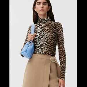 Ganni Sheer Mesh Turtleneck Leopard print Top 42 Large